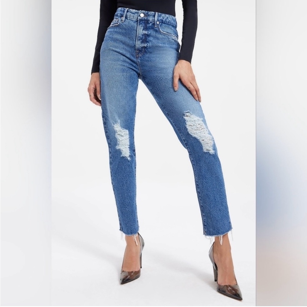New Good American The Weekender Indigo Straight Leg Distressed High Rise Jeans